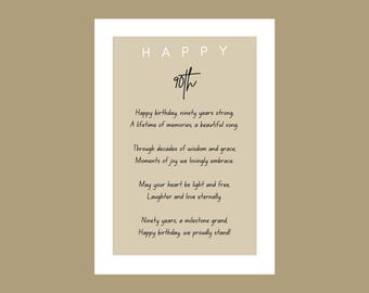 Poema imprimible para el 90 cumpleaños. Regalo conmemorativo para celebrar este hito. Descarga instantánea.