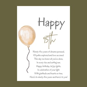 May include: A white greeting card featuring a watercolor illustration of a single gold balloon on the left. The text reads Happy 95th in dark gray and gold script, followed by a poem about ninety-five years of life, dreams, and celebration.