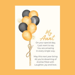 Puede incluir: Tarjeta de felicitación con un ramo de globos de acuarela en negro y dorado. La tarjeta dice "Mi tía" con un mensaje sincero deseándole alegría y amor. El fondo es de color amarillo suave.