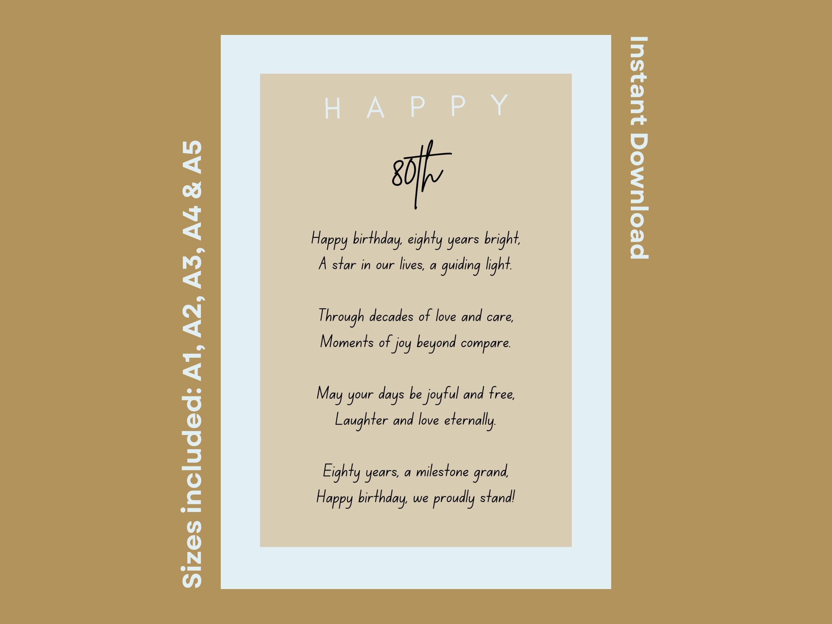 Happy 80th Birthday Poem For Him Or Her 80 Today Birthday Quotes Birthday Verse For Turning Eighty Printable Instant Download