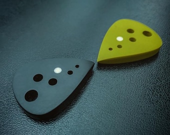 Handmade modern guitar pick made of duranle peek and torlon with drilled holes in shape of teardrop - Hollow Teardrop