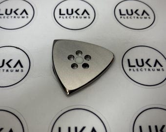Unique handcrafted 2mm thick titanium guitar pick in shape of hybrid with grip holes and glowing material beautiful gift by Luka Plectrums
