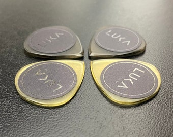 Handcrafted transparent yellow and gray guitar pick made of ultem in shape of jazz best gift for guitarist by Luka - Ultem MIni Jazz