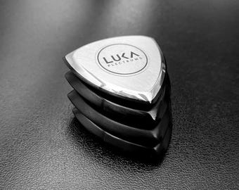 Modern guitar pick made of high tech plastic and aluminium shape of triangular gift for guitarist by Luka Plectrums