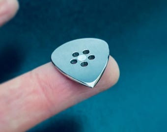 Unique handcrafted 2mm thick titanium guitar pick in shape of attack jazz with grip holes and glowing material beautiful gift by Luka