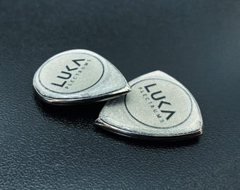 Handcrafted three layer guitar pick made of titanium and polycarbonate in shape of jazz & flow, best gift for guitarist by Luka - Silvera