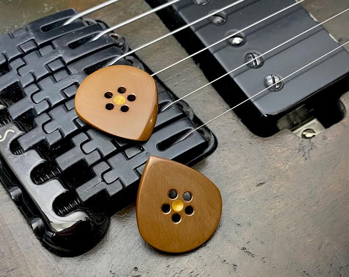 Featured listing image: Handmade Vespel Guitar Pick - "Golden Button" Jazz Shape - 2.3mm - Custom Grip & Speed Bevel Options