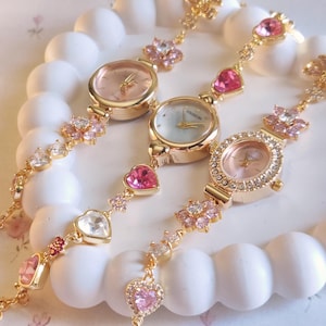 Gold Vermeil Charm Bracelet Watch: Pink Zircon Floral Heart Vintage Style