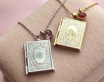 12 Dancing Princesses Birthflower Necklace, 12 Princess Book Cover Birthstone Necklace, Locket Necklace