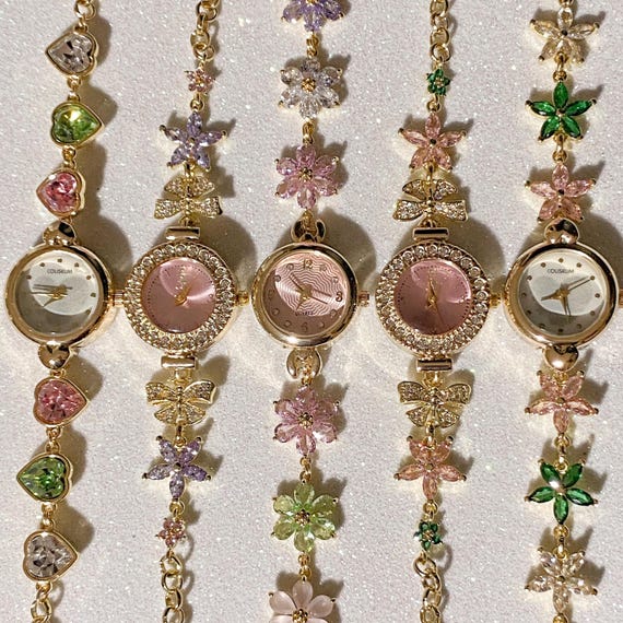 Blush Garden Charm Watch Collection, Gold Watch, Floral Watch, Charm Bracelet, Pink Watch, Unique Gift, Gift for Her, Green Watch