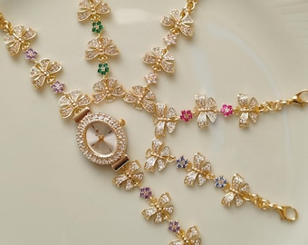 Rainbow Butterfly Charm Watch: 18K Gold Filled Bracelet, Zircon Accent