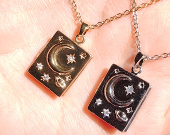 Collar con medallón de luna y estrellas celestiales, collar de astrología, regalo para amantes de la astrología, joyería celestial, collar con medallón de foto, regalo para ella