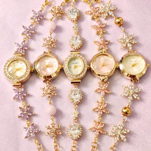 Floral Charm Bracelet Watch: Pink Zircon, 18K Gold Filled