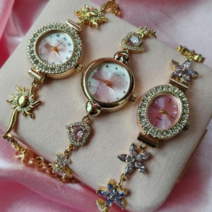 The Watch Sisters Shiny - Lovely - Pretty Charm Watch, Purple Zircon Watch, Vintage Look Charm Bracelet, Floral Charm Watch, Vintage Watch