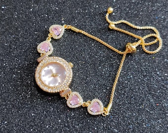 Heart Charm Watch: Adjustable Zircon Bracelet 18K Gold Filled