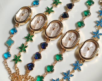 Charm Watch Bracelet: Blue Green Floral Vintage Style