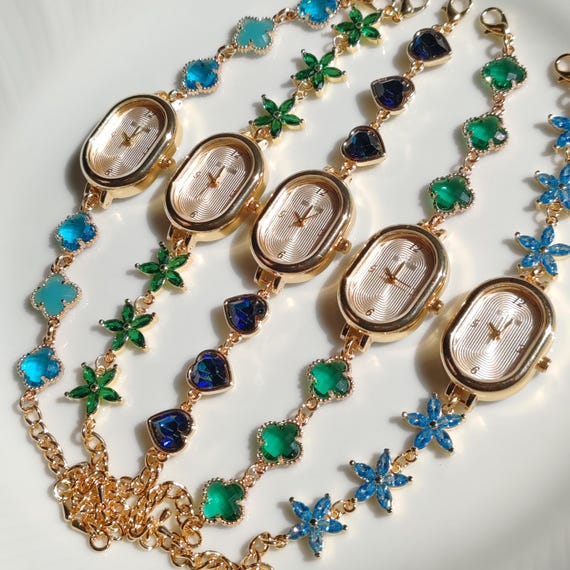 18K Gold Filled Charm Watch Bracelet: Blue Floral Vintage Style