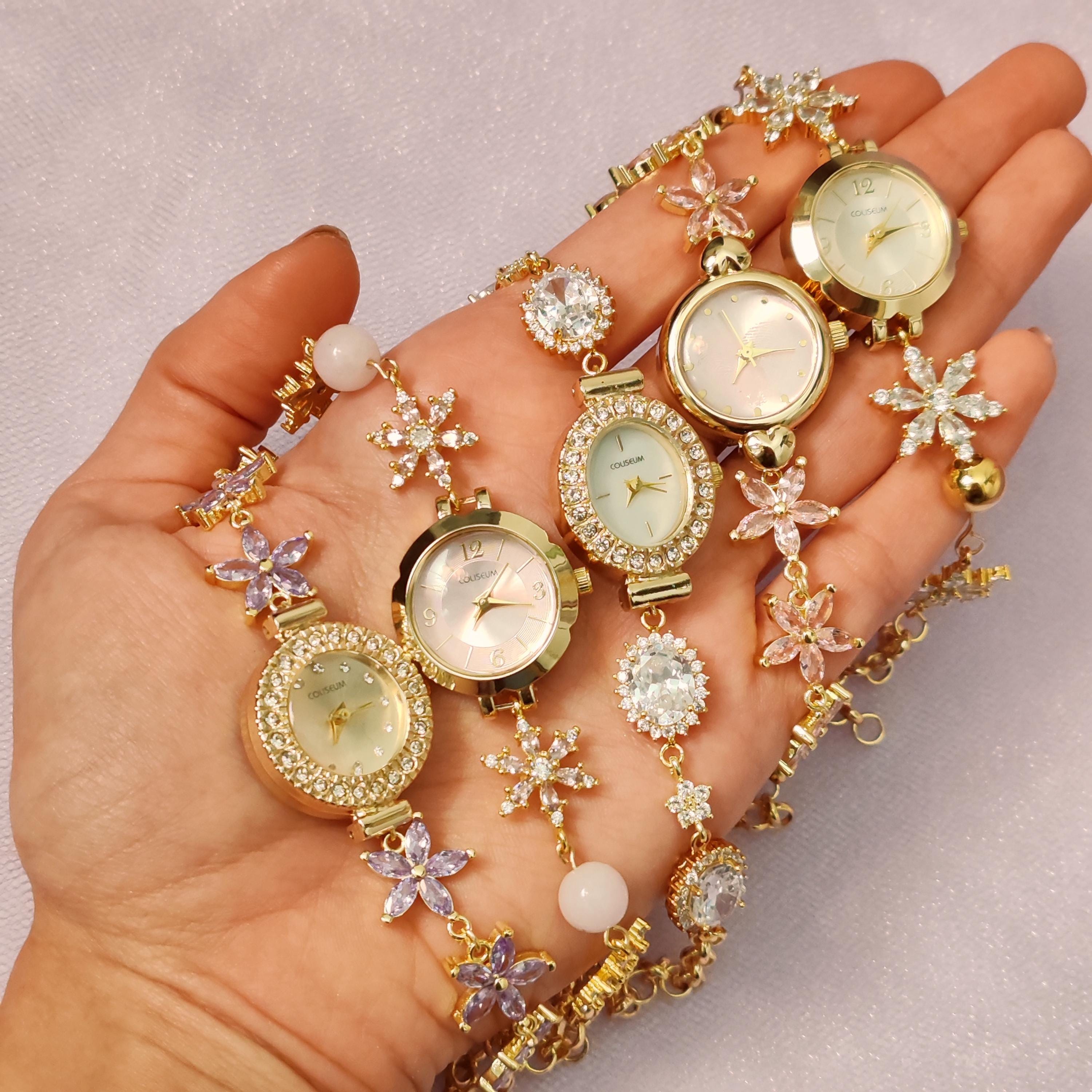 Floral Charm Bracelet Watch: Pink Zircon, 18K Gold Filled - Etsy