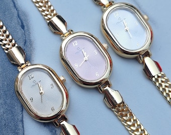 Pulsera de reloj ovalada de estilo vintage: chapada en oro de 18 quilates, ajustable