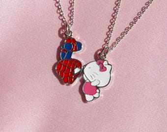 Spider Kitty Couple Necklace, 2 Pcs Necklaces, Kissing Necklace, Personalized Jewelry