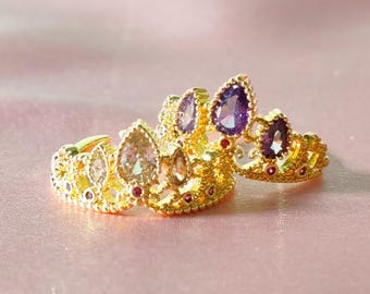 Bague couronne de Raiponce : Bague princesse en zircone violette remplie d'or 14 carats