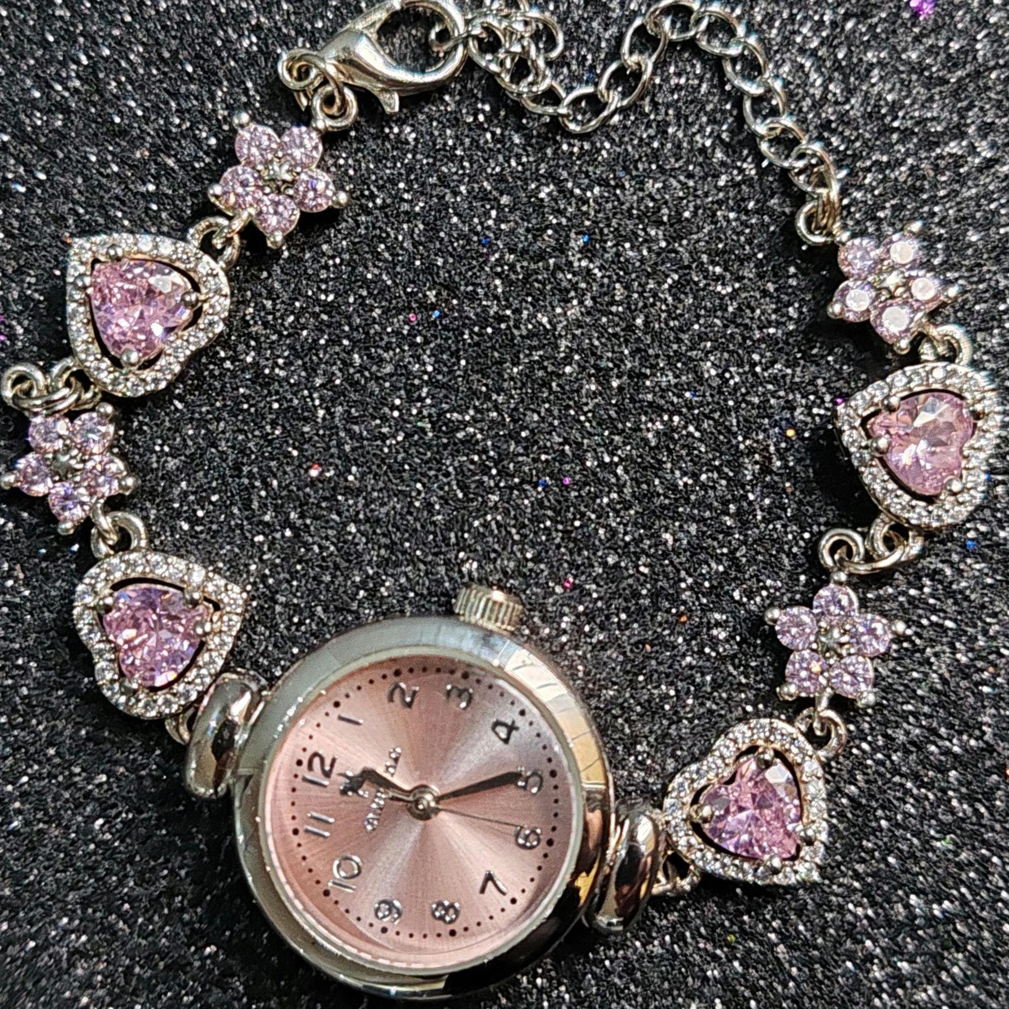 Vintage Silver Cable Pink Heart Watch Bracelet Pink/White Heart Tennis Bracelet (Stainless Steel  main image 2
