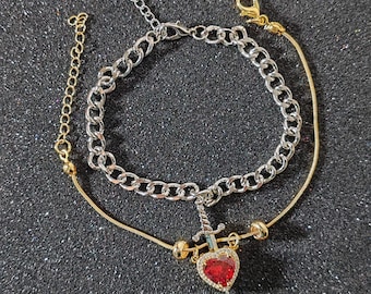 Heart and Sword Couple Bracelet 18K Gold Heart Silver Sword Couple Bracelet Gift for Her Valentine&#39;s Day Gifts