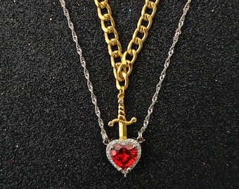 Hart- en zwaardpaarketting, 18 kt gold filled