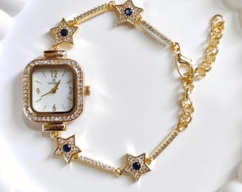 Star Charm Watch: Dark Blue Zircon Vintage Bracelet 18K Gold Filled