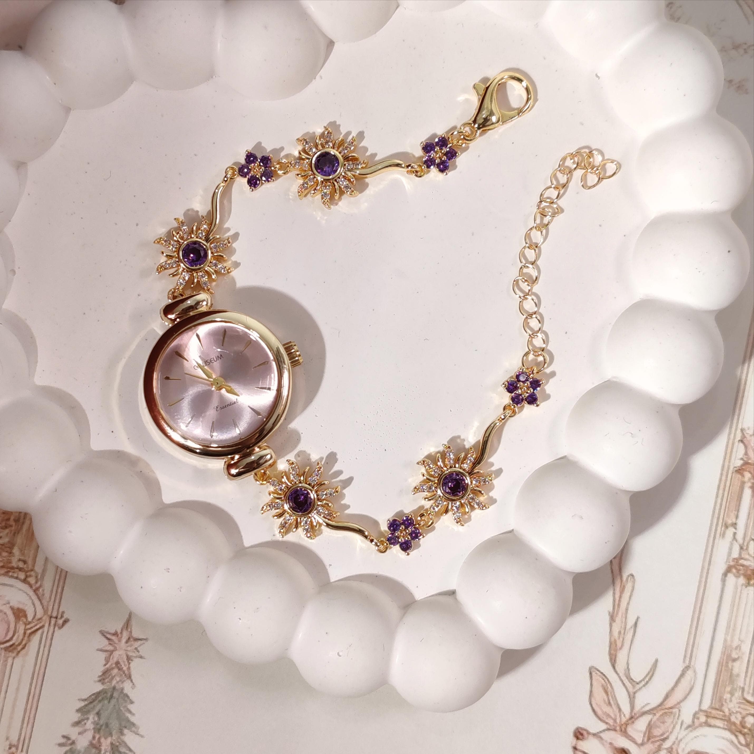 Tangled Disney inspired Gold-Tone Pink Butterfly Bracelet Watch for Women Rapunzel Sun Watch Bracelet With Purple Zircon 14K Gold  main image 4