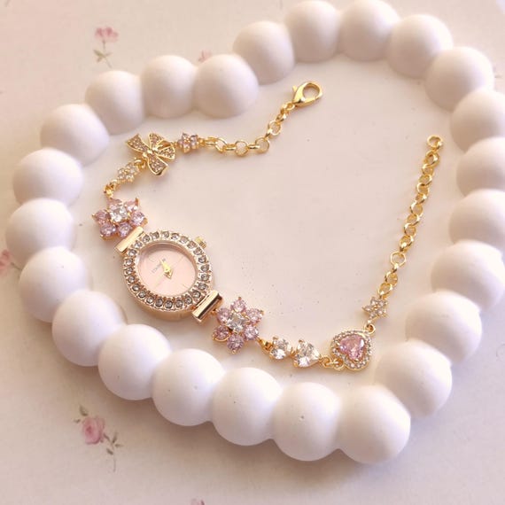 Charming Bracelet Watch: Pink Zircon Floral Heart Vintage  display picture 1