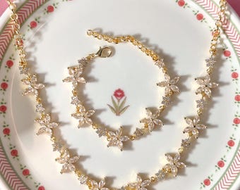 18K Gold Plated Lily of the Valley Choker Bracelet Set, Floral Zircon Jewelry