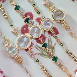 The Watch Garden Charm Watch Collection, Pink Zircon Watch, Vintage Look Charm Bracelet, Floral Charm Watch, Vintage Watch, Green Watch