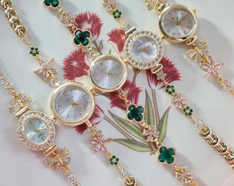Floral Charm Bracelet Watch: 18K Gold Filled Green Pink Zircon Vintage Style