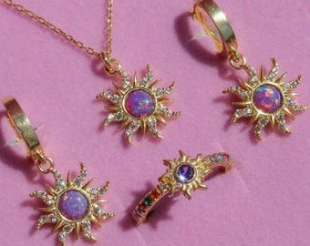 Rapunzel Inspired Dream Sun Opal Necklace, Earring and Ring Set, 925 Sterling Silver, Perfect Gift Set