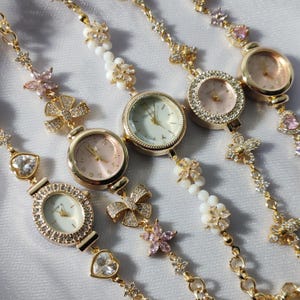 The Watch Sisters Pink Edition Charm Watch Collection, Pink Zircon Watch, Vintage Look Charm Bracelet, Floral Charm Watch, Vintage Watch