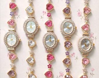 Heart Watch: Pink Zircon Floral Charm Bracelet