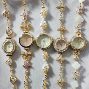 The Watch Sisters Princess Edition Charm Watch Collection, Pink Zircon Watch, Vintage Look Charm Bracelet, Floral Charm Watch, Vintage Watch