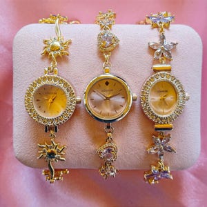 The Watch Sisters Shiny - Lovely - Pretty Charm Watch, Purple Zircon Watch, Vintage Look Charm Bracelet, Floral Charm Watch, Vintage Watch