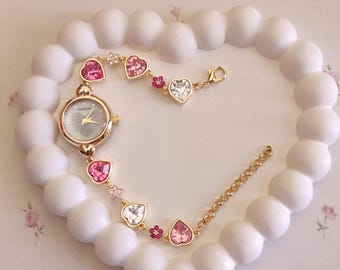 Charming Bracelet Watch: Pink Zircon Floral Heart Vintage  display picture 3