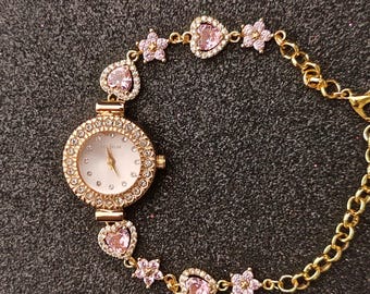 Pink Heart Charm Watch: Vintage Style 18K Gold Filled Bracelet