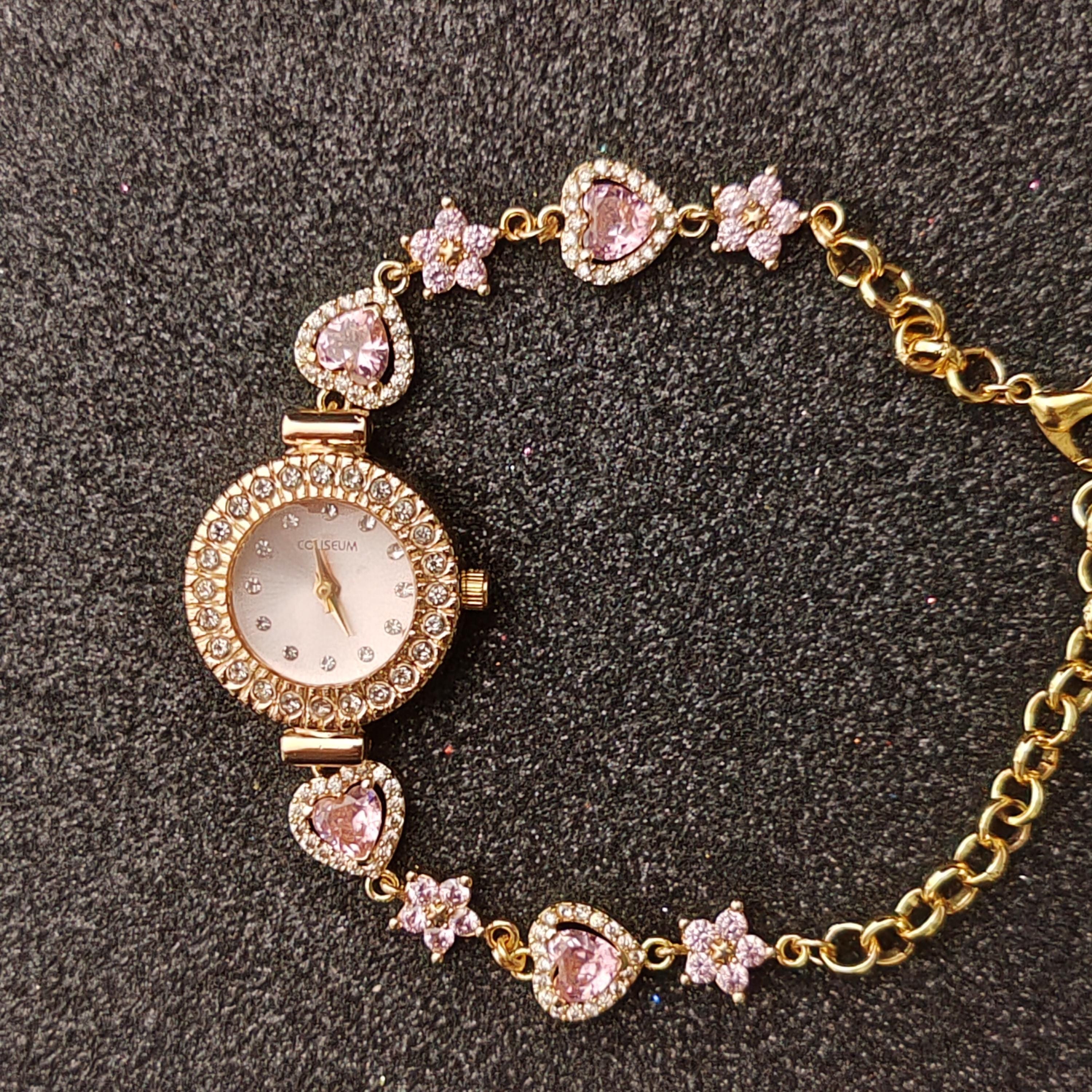 Pink Heart Charm Watch: Vintage Style 18K Gold Filled  display picture 1