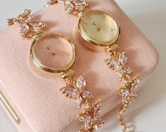 Gold Butterfly Charm Watch: Vintage Style Pink White Zircon Bracelet