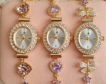 Lilac Zircon Charm Watch: 18K Gold Filled Bracelet, Vintage Style