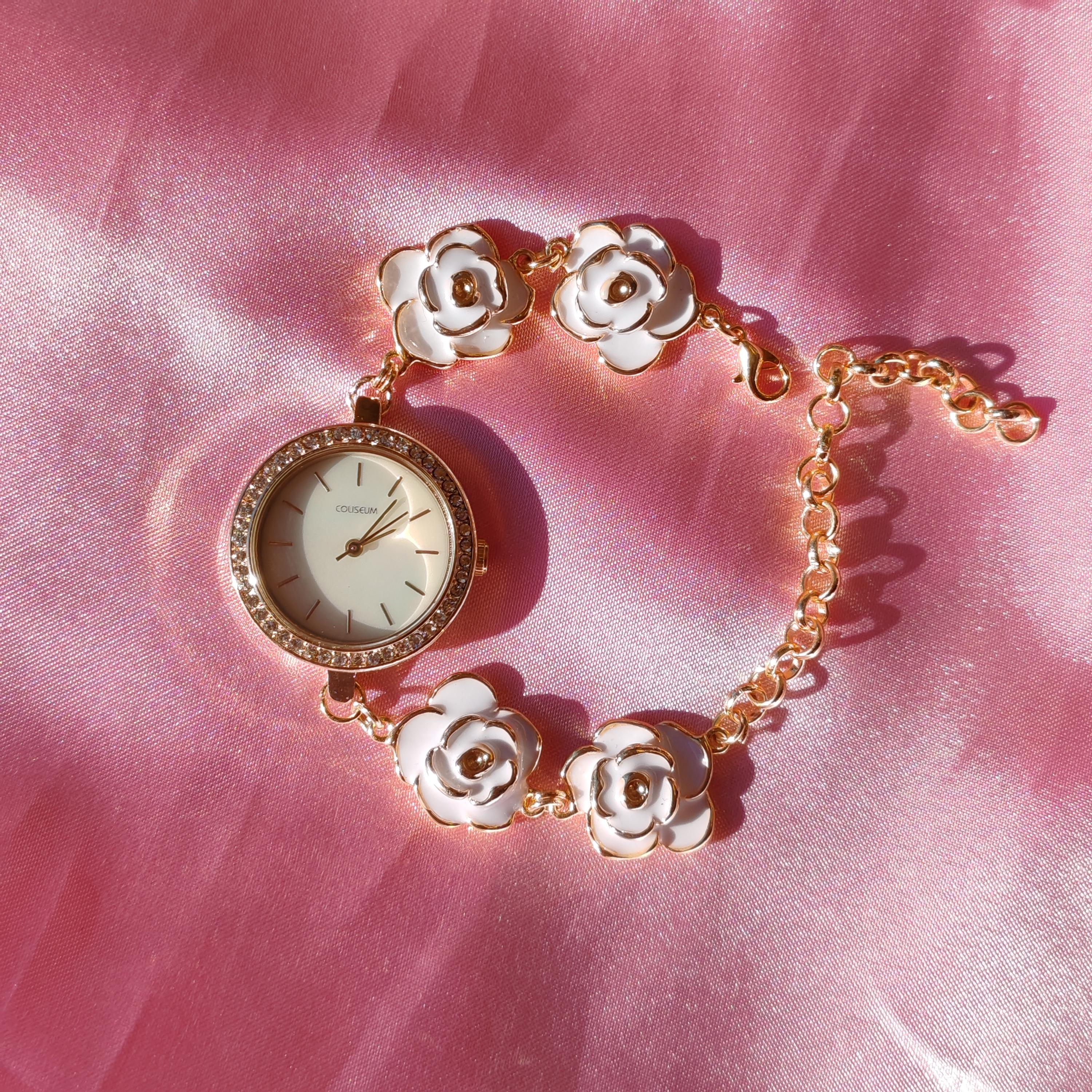 Gold Filled Zircon Watch: Rosebud Floral Charm Bracelet - Etsy