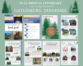 May include: A digital itinerary for a long weekend in Gatlinburg, Tennessee. The itinerary includes a travel guide, trip overview, hotel recommendations, must-see attractions, driving attractions, and places to eat. The itinerary is illustrated with photos of the Smoky Mountains, bridges, waterfalls, and restaurants.