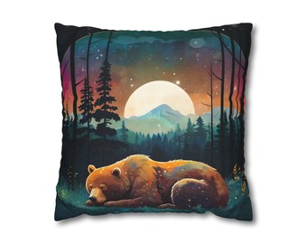 Sleeping Bear Forest Landscape Spun Polyester Square Pillow Case Bear Pillow Case