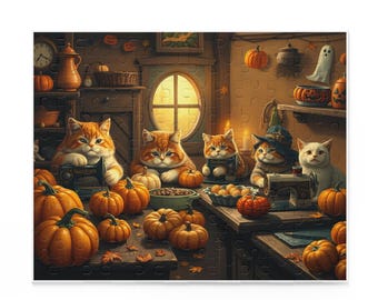 May include: A Halloween-themed jigsaw puzzle featuring several ginger cats. The cats are surrounded by pumpkins, sewing machines, and other Halloween decorations. The puzzle has a warm, inviting colour palette.