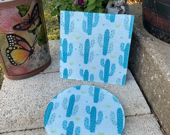 Blue cactus glass cutting board, trivet, charcuterie board