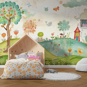 Papel Tapiz Infantil de Naturaleza, Mural Bosque Colorido con Pájaros, Árboles y Flores, Decoración Fantasía para Cuarto de Bebé o Juego
